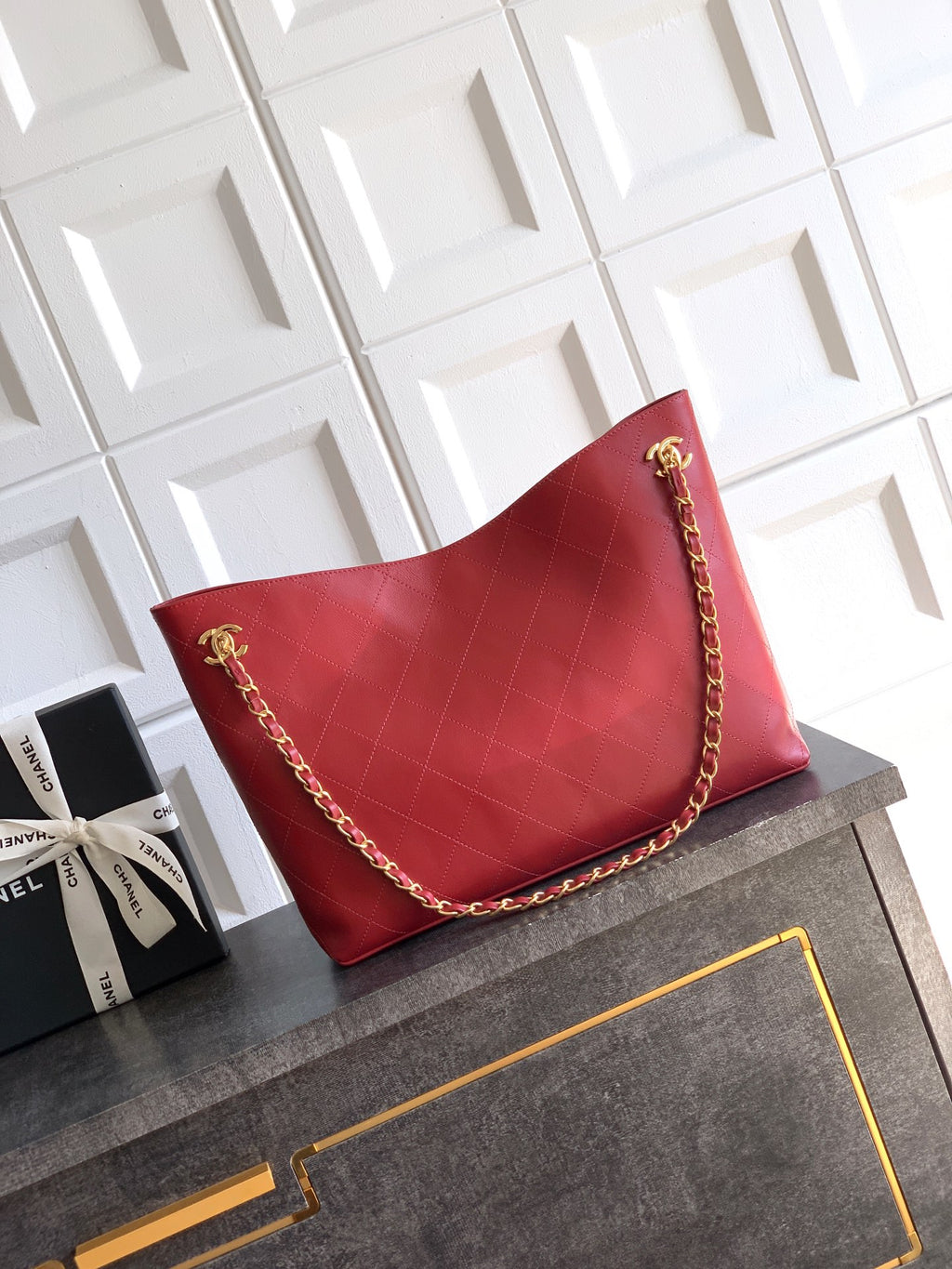 Chanel Large Hobo Bag Burgundy Calfskin with Gold-Tone Hardware