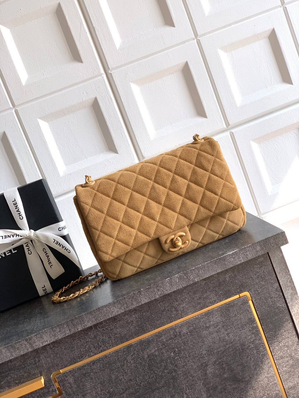 Chanel 26C Classic Flap Bag Light Brown Suede with Matte Gold Hardware (Large 26cm)