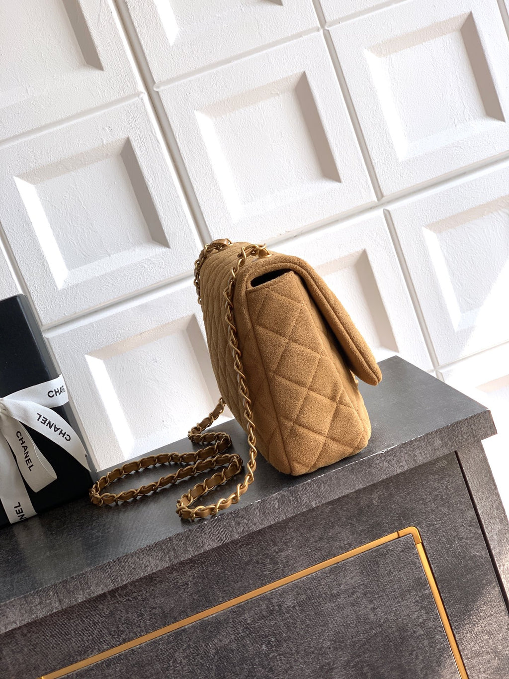 Chanel 26C Classic Flap Bag Light Brown Suede with Matte Gold Hardware (Large 26cm)