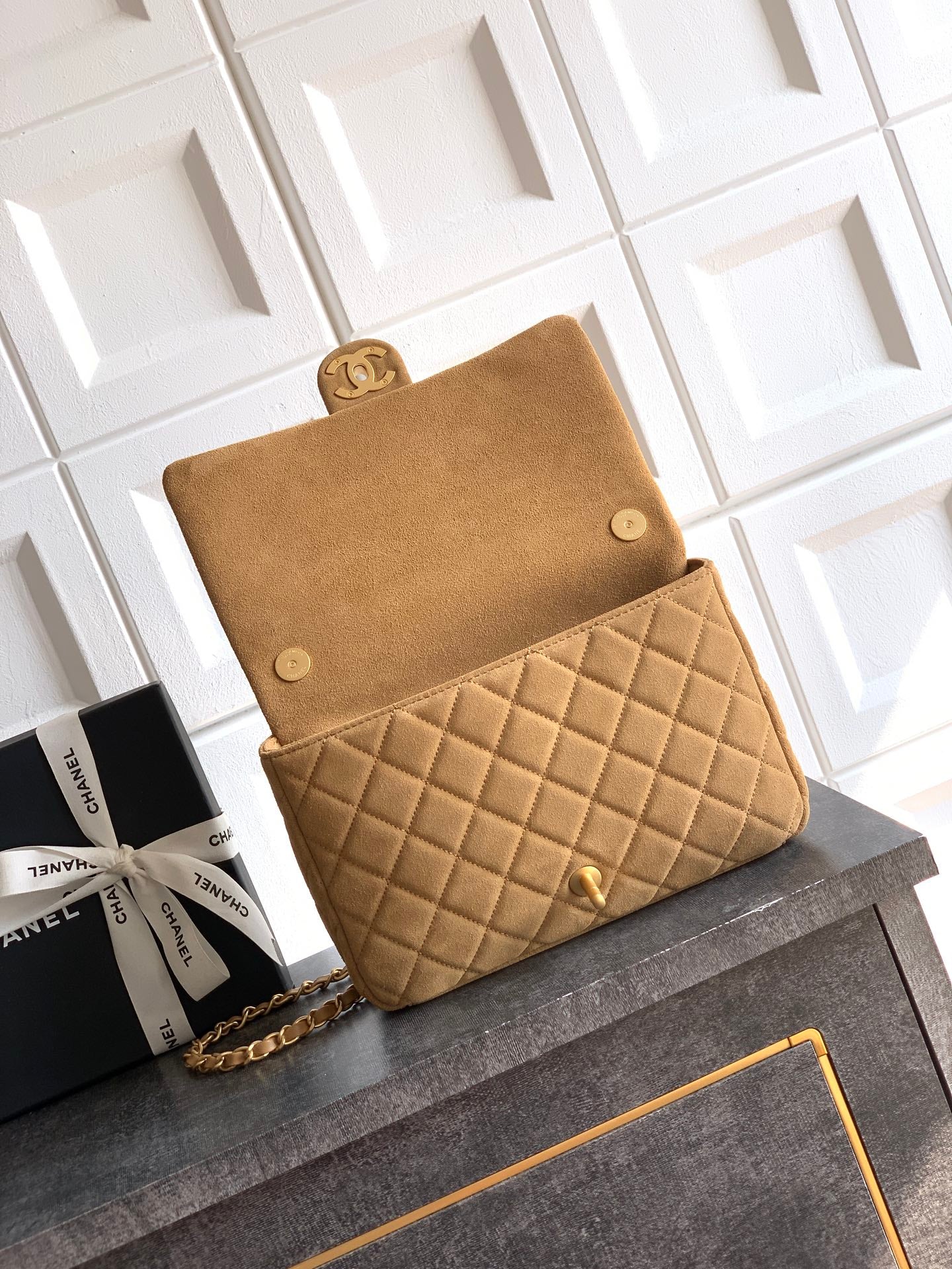 Chanel 26C Classic Flap Bag Light Brown Suede with Matte Gold Hardware (Large 26cm)
