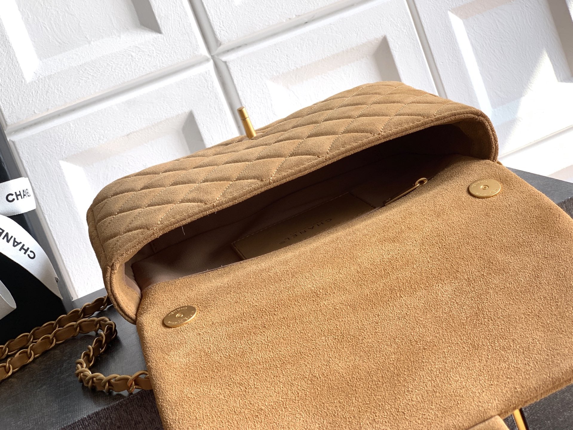Chanel 26C Classic Flap Bag Light Brown Suede with Matte Gold Hardware (Large 26cm)