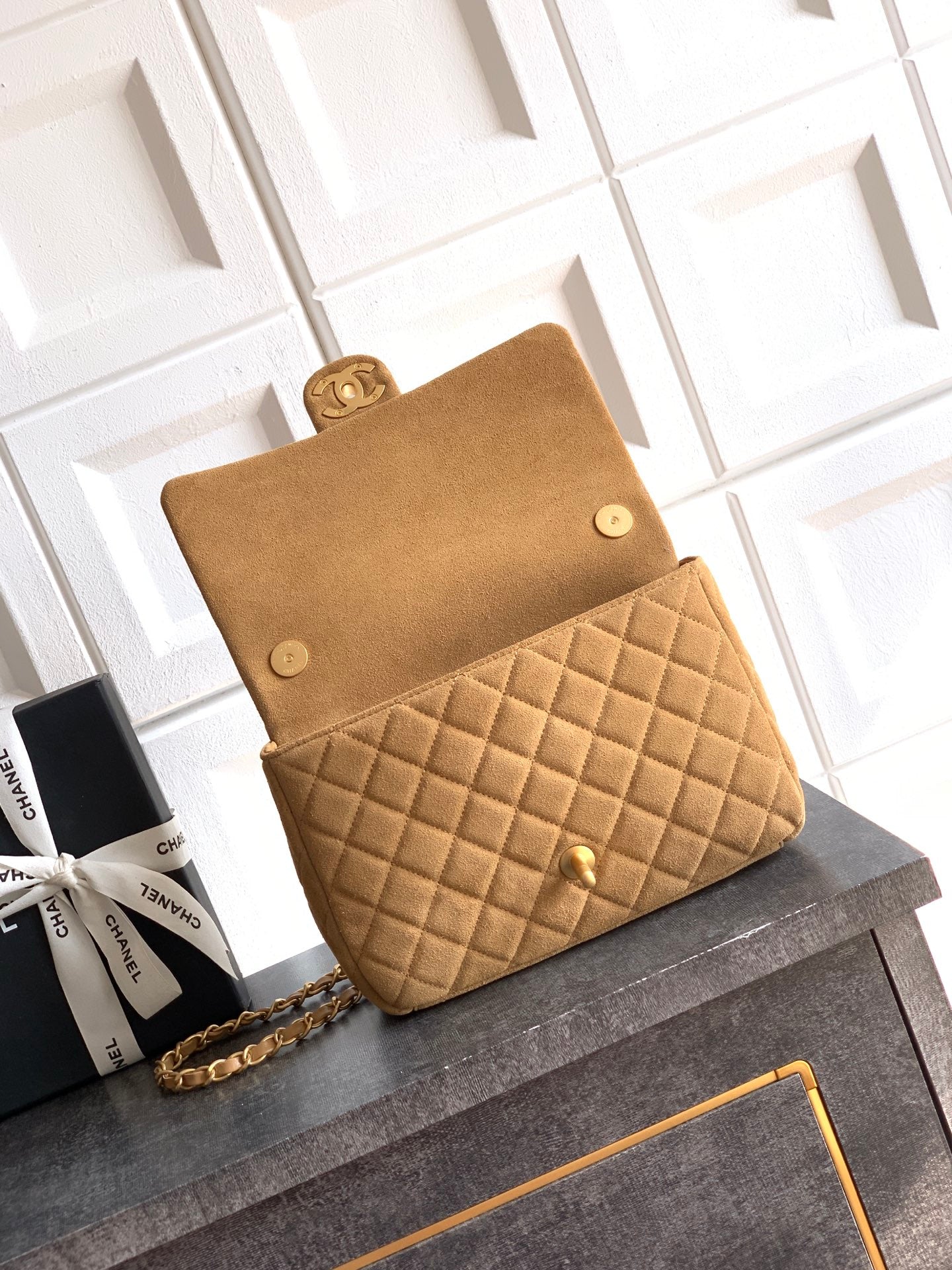 Chanel 26C Classic Flap Bag Light Brown Suede with Matte Gold Hardware (Medium 24cm)