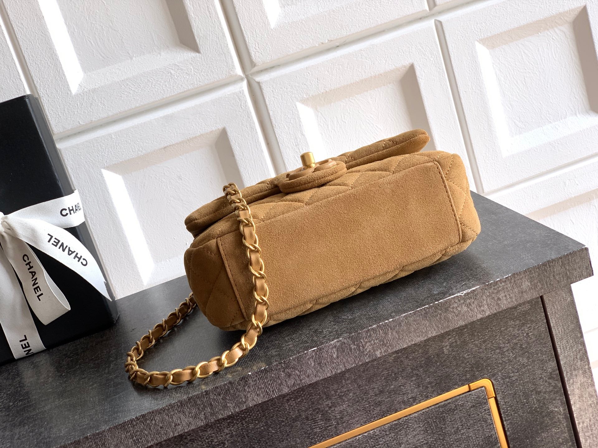 Chanel 26C Classic Flap Bag Light Brown Suede with Matte Gold Hardware (Small 20cm)