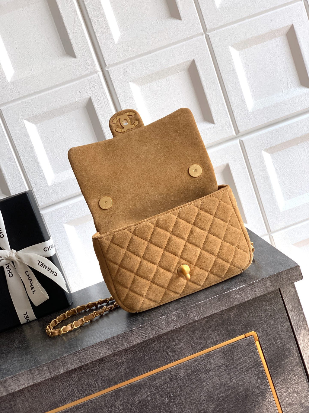 Chanel 26C Classic Flap Bag Light Brown Suede with Matte Gold Hardware (Small 20cm)