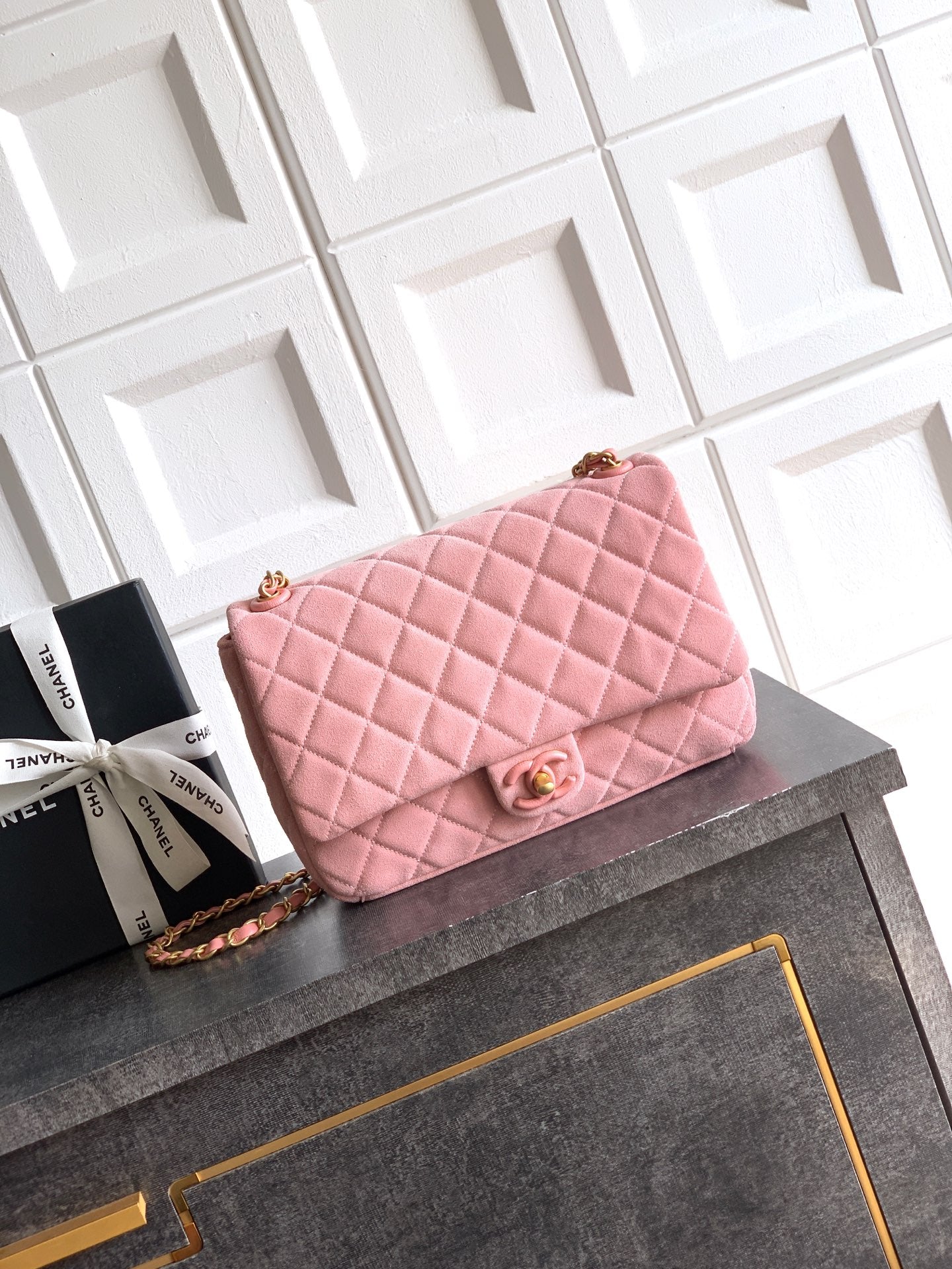 Chanel 26C Classic Flap Bag Pink Suede with Matte Gold Hardware (Large 26cm)