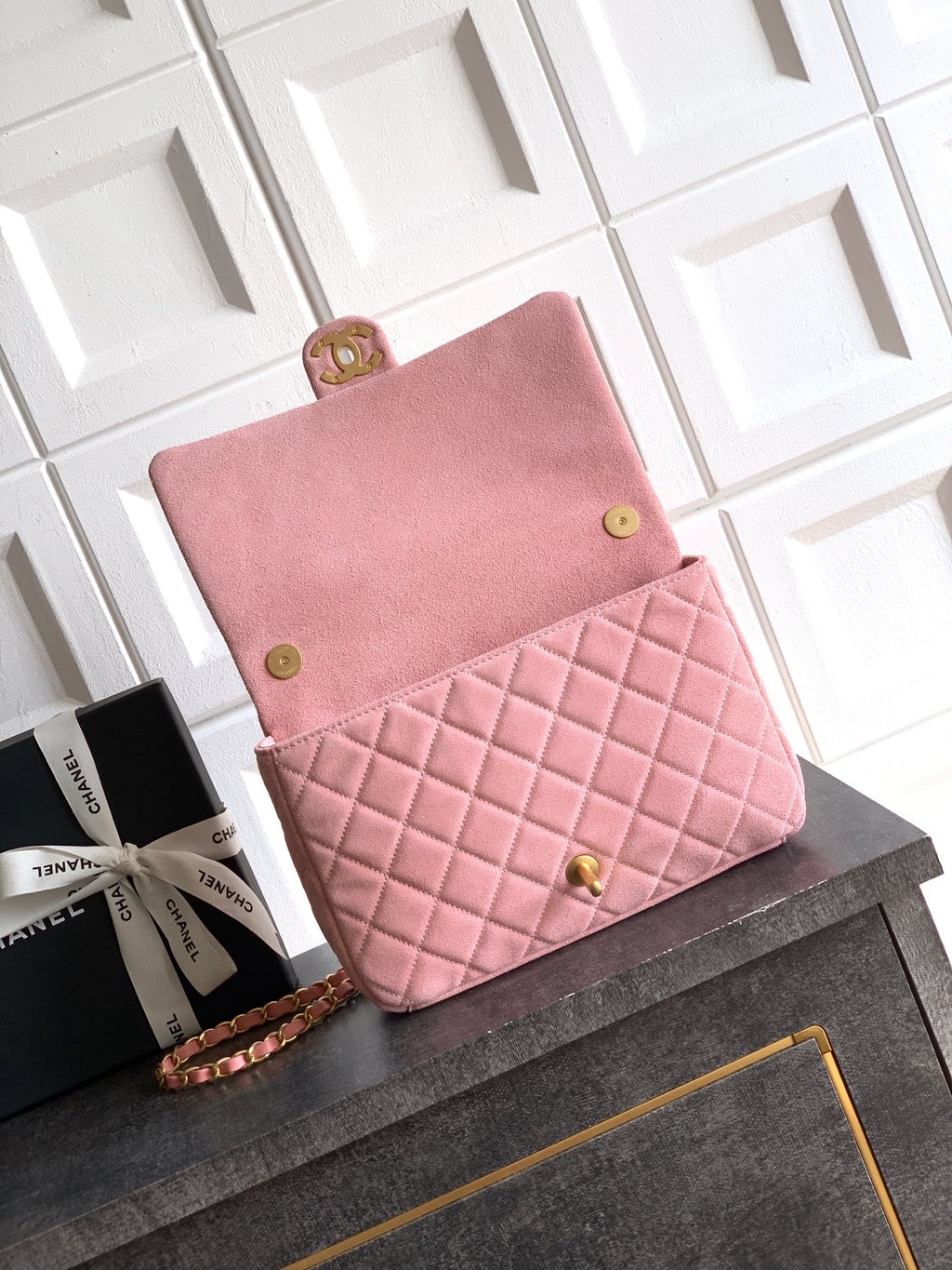 Chanel 26C Classic Flap Bag Pink Suede with Matte Gold Hardware (Large 26cm)