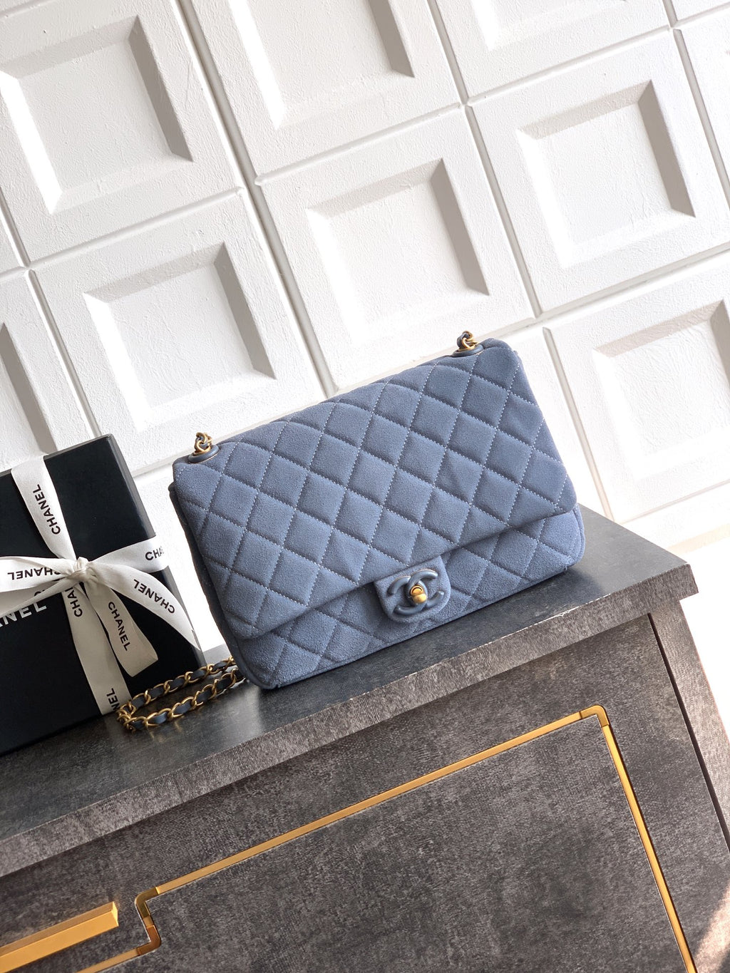 Chanel 26C Classic Flap Bag Haze Blue Suede with Matte Gold Hardware (Large 26cm)