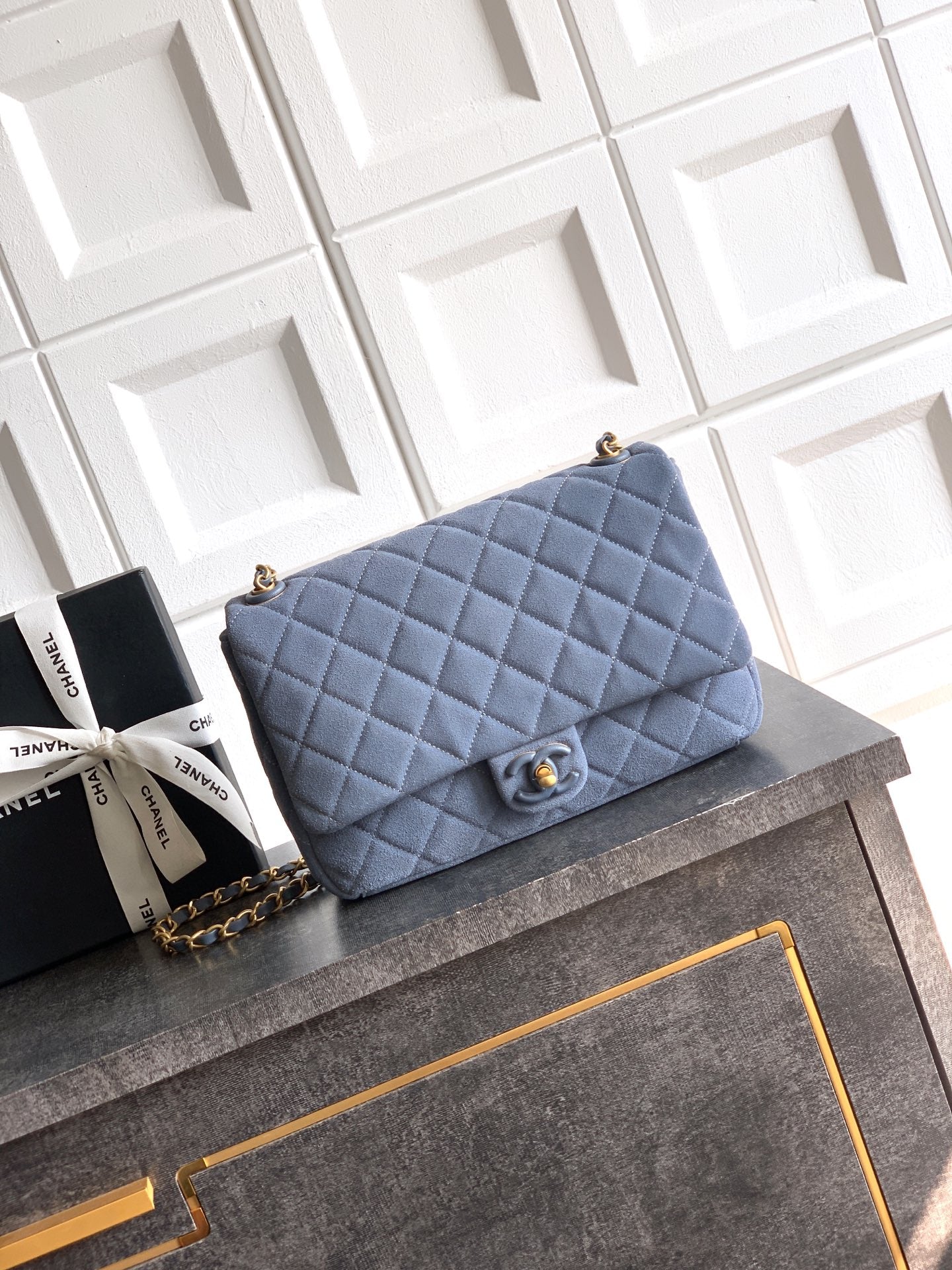 Chanel 26C Classic Flap Bag Haze Blue Suede with Matte Gold Hardware (Large 26cm)