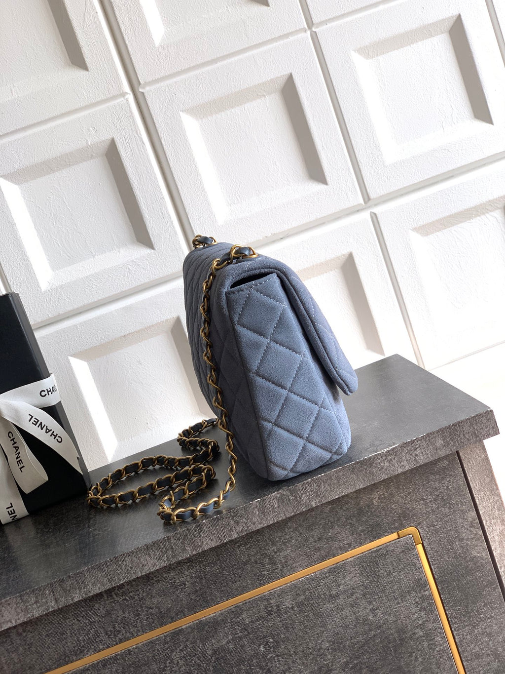 Chanel 26C Classic Flap Bag Haze Blue Suede with Matte Gold Hardware (Large 26cm)