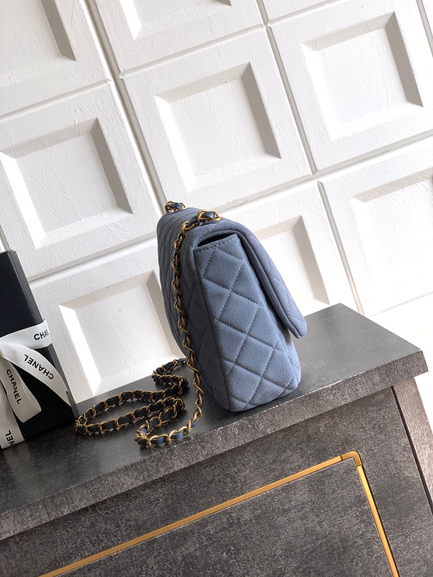 Chanel 26C Classic Flap Bag Haze Blue Suede with Matte Gold Hardware (Large 26cm)