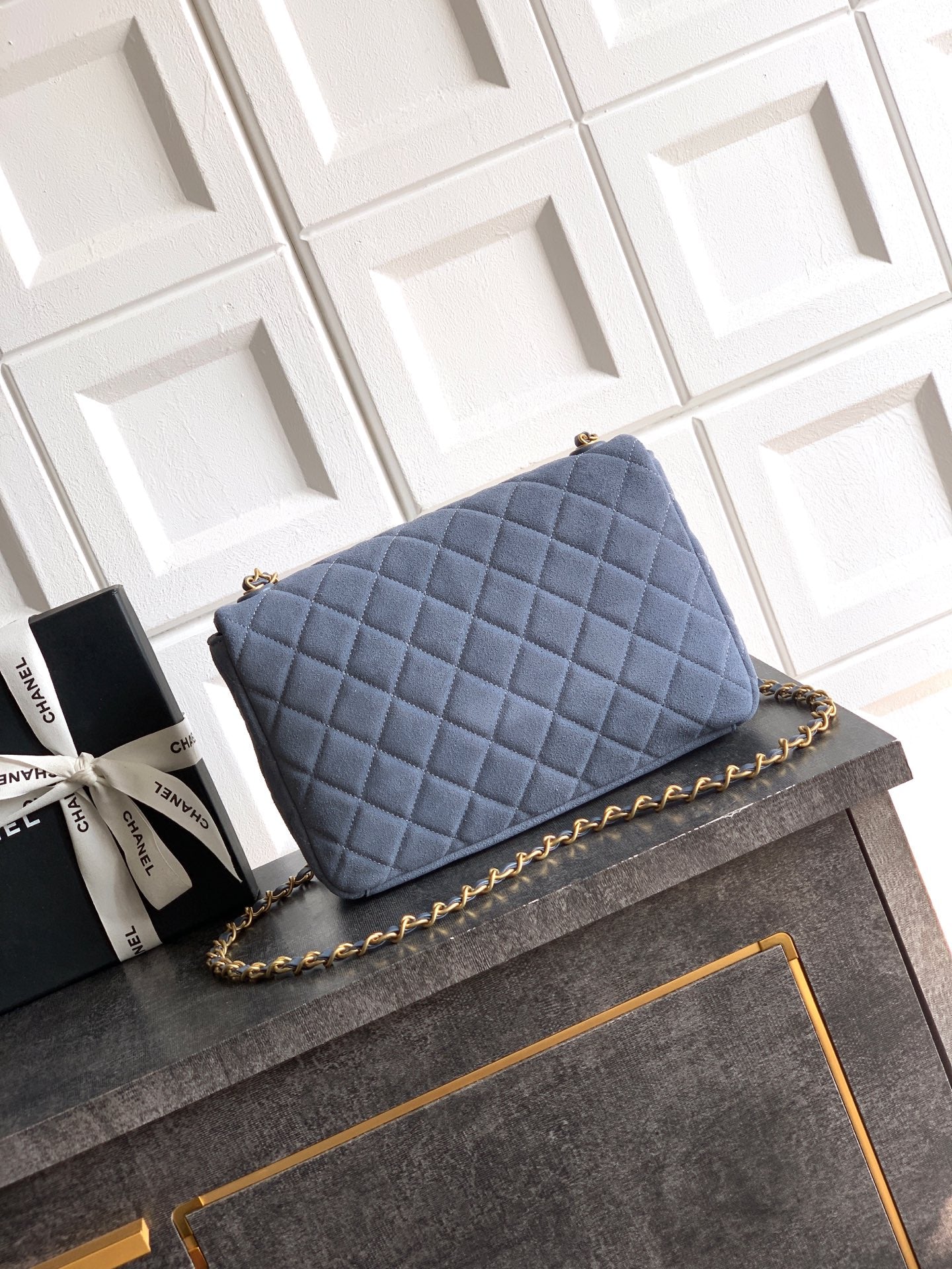 Chanel 26C Classic Flap Bag Haze Blue Suede with Matte Gold Hardware (Large 26cm)