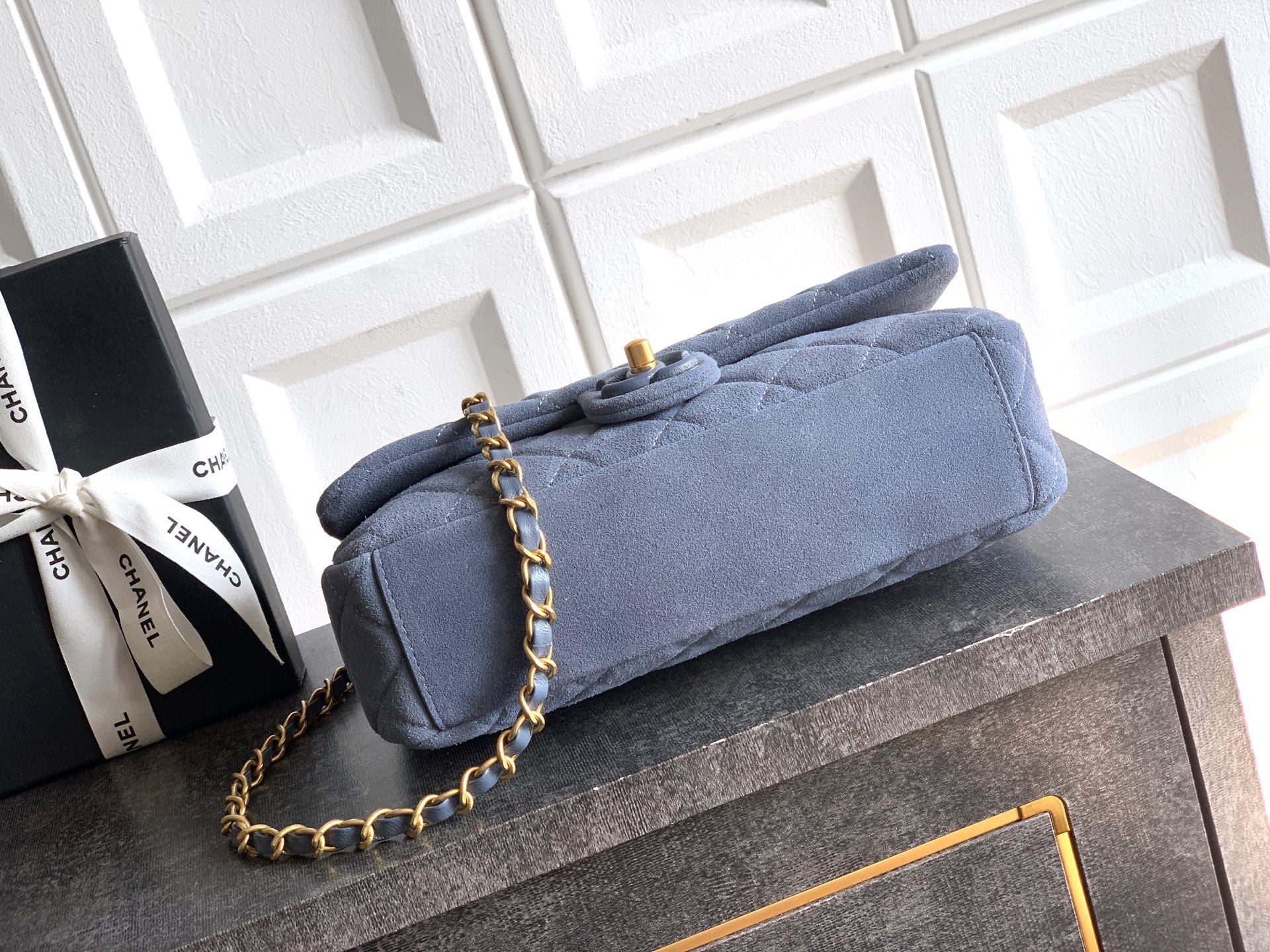 Chanel 26C Classic Flap Bag Haze Blue Suede with Matte Gold Hardware (Large 26cm)