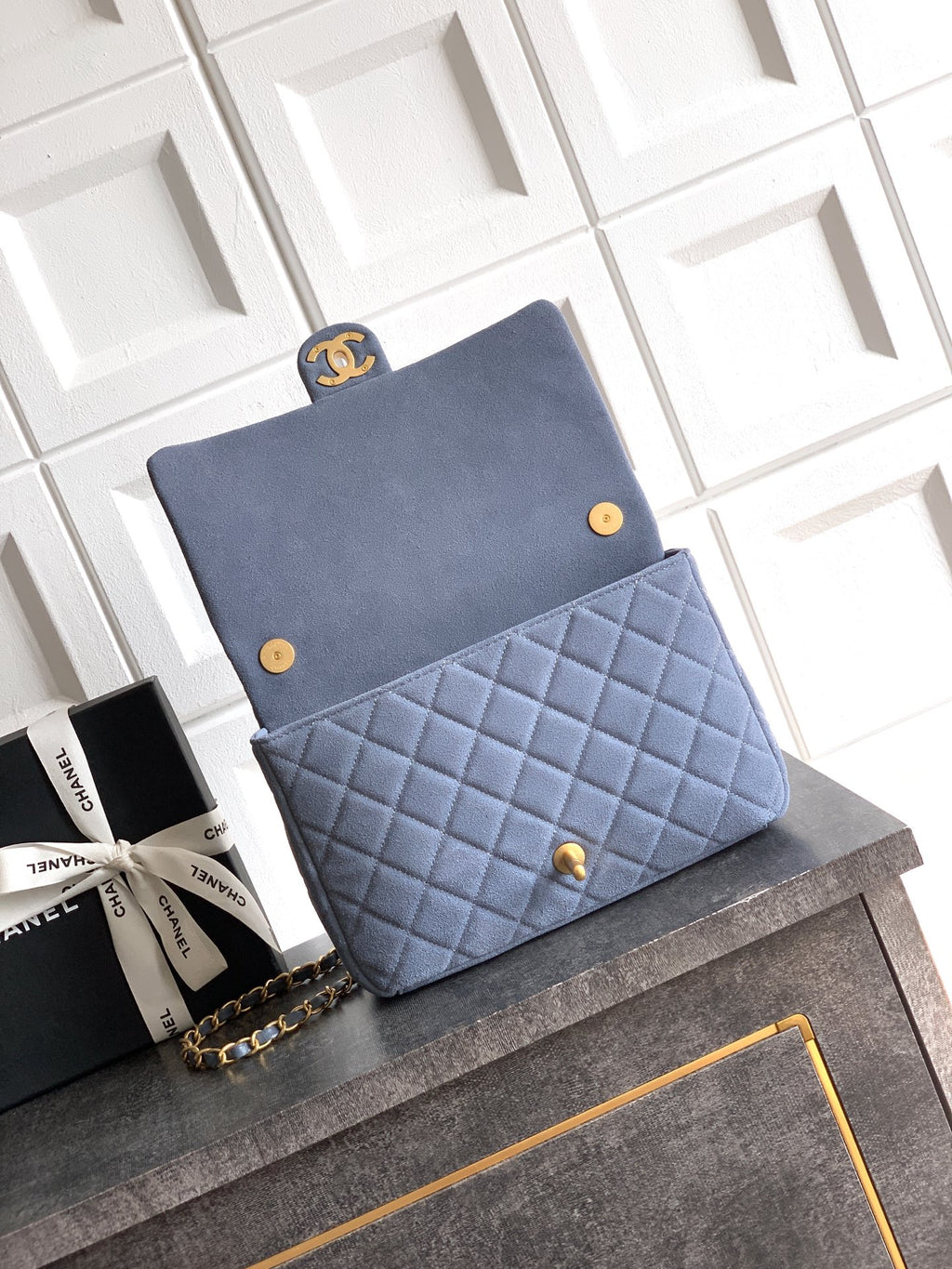 Chanel 26C Classic Flap Bag Haze Blue Suede with Matte Gold Hardware (Large 26cm)