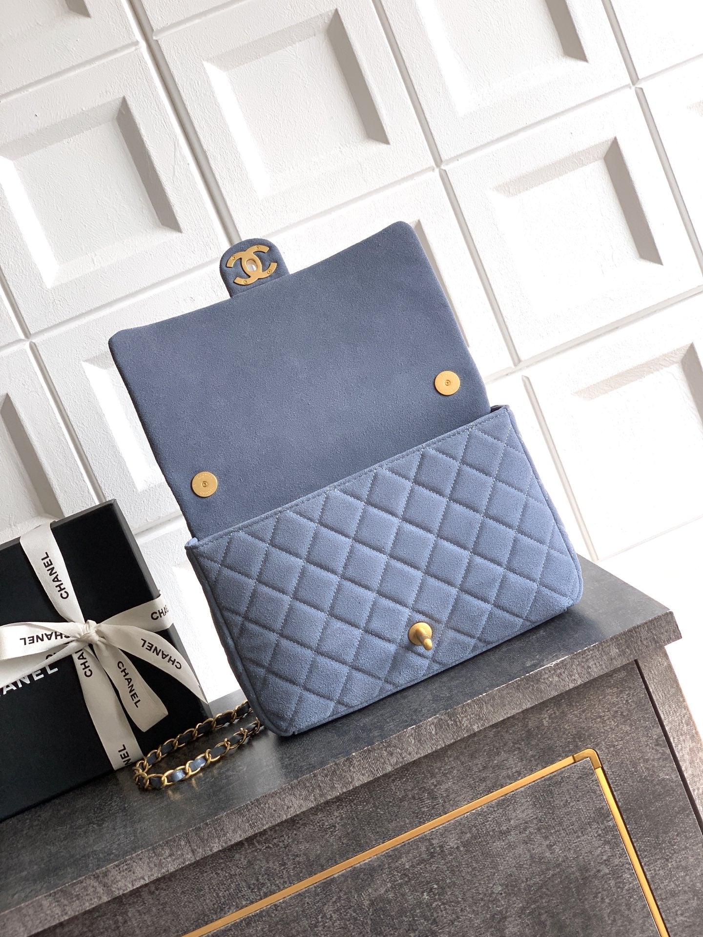 Chanel 26C Classic Flap Bag Haze Blue Suede with Matte Gold Hardware (Large 26cm)