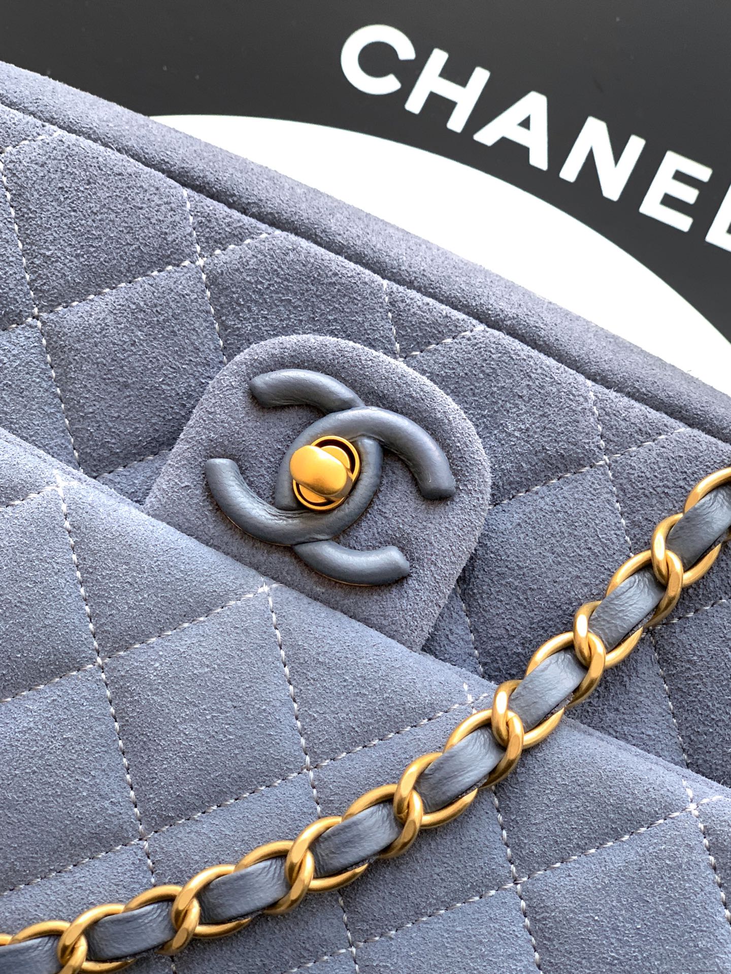 Chanel 26C Classic Flap Bag Haze Blue Suede with Matte Gold Hardware (Large 26cm)