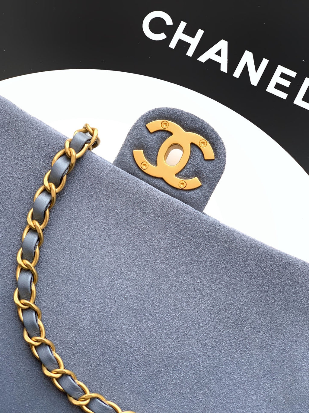 Chanel 26C Classic Flap Bag Haze Blue Suede with Matte Gold Hardware (Large 26cm)