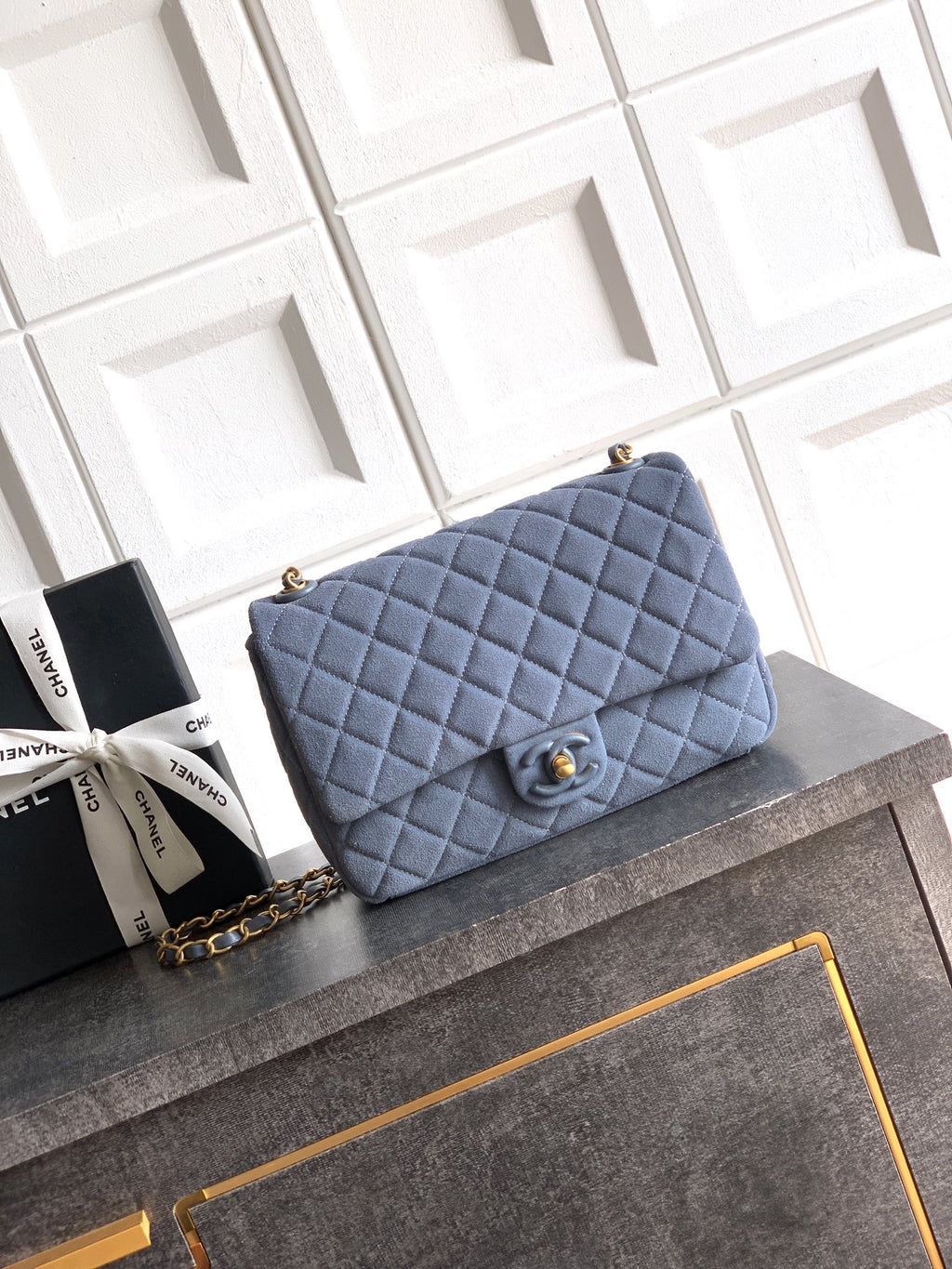 Chanel 26C Classic Flap Bag Haze Blue Suede with Matte Gold Hardware (Medium 24cm)