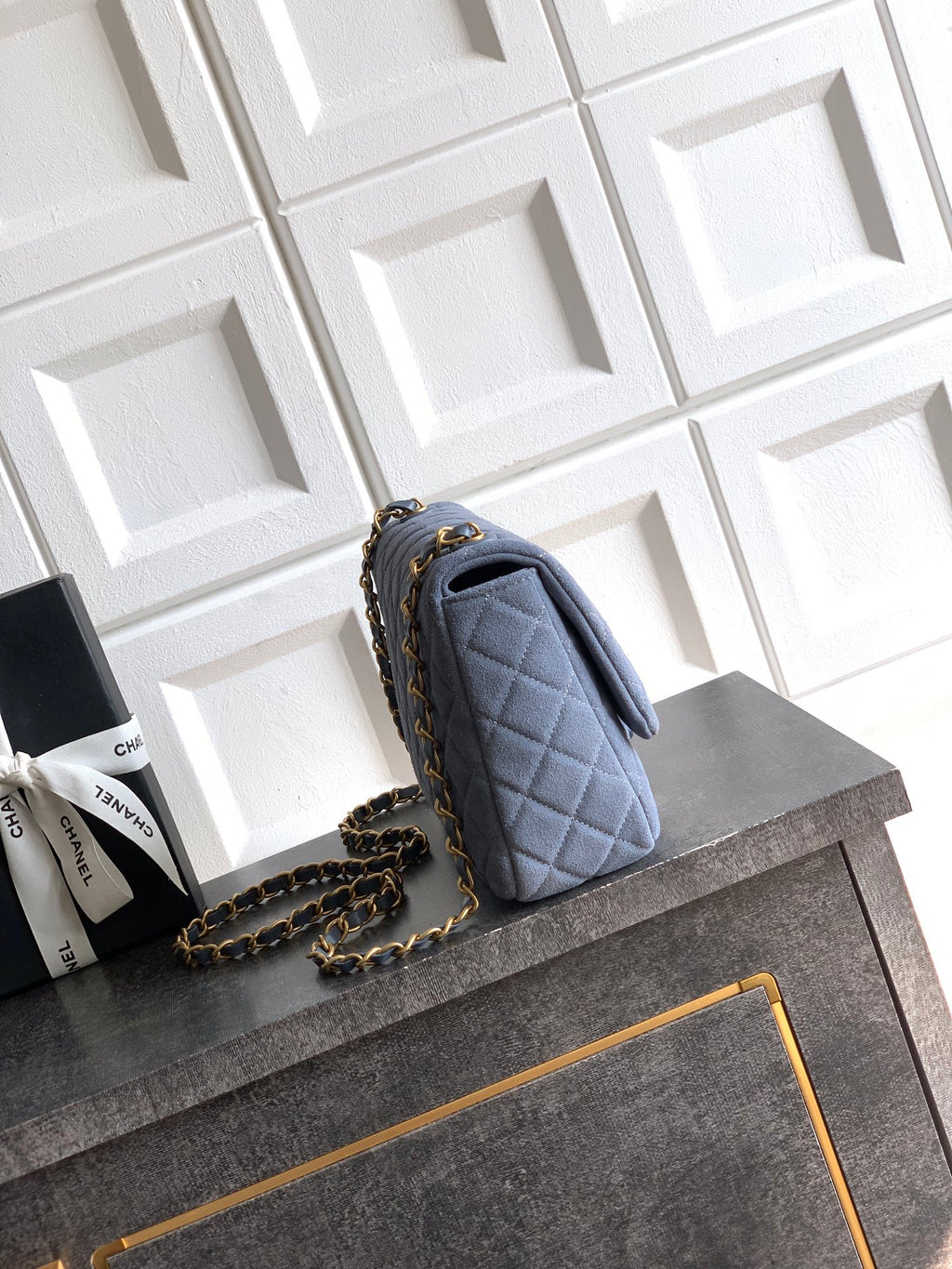 Chanel 26C Classic Flap Bag Haze Blue Suede with Matte Gold Hardware (Medium 24cm)