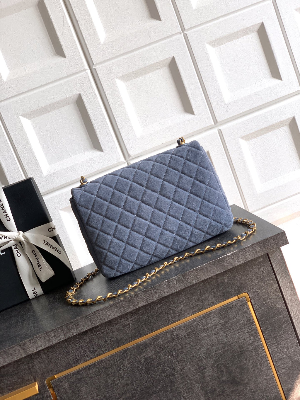 Chanel 26C Classic Flap Bag Haze Blue Suede with Matte Gold Hardware (Medium 24cm)