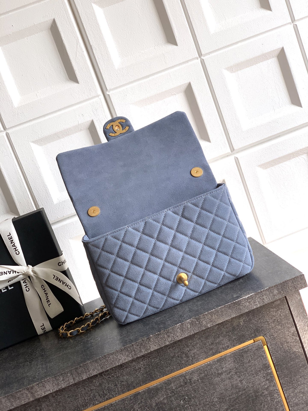 Chanel 26C Classic Flap Bag Haze Blue Suede with Matte Gold Hardware (Medium 24cm)