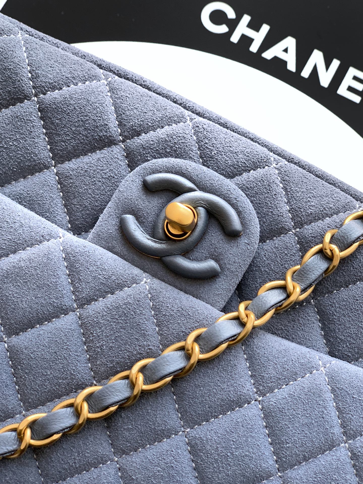 Chanel 26C Classic Flap Bag Haze Blue Suede with Matte Gold Hardware (Medium 24cm)