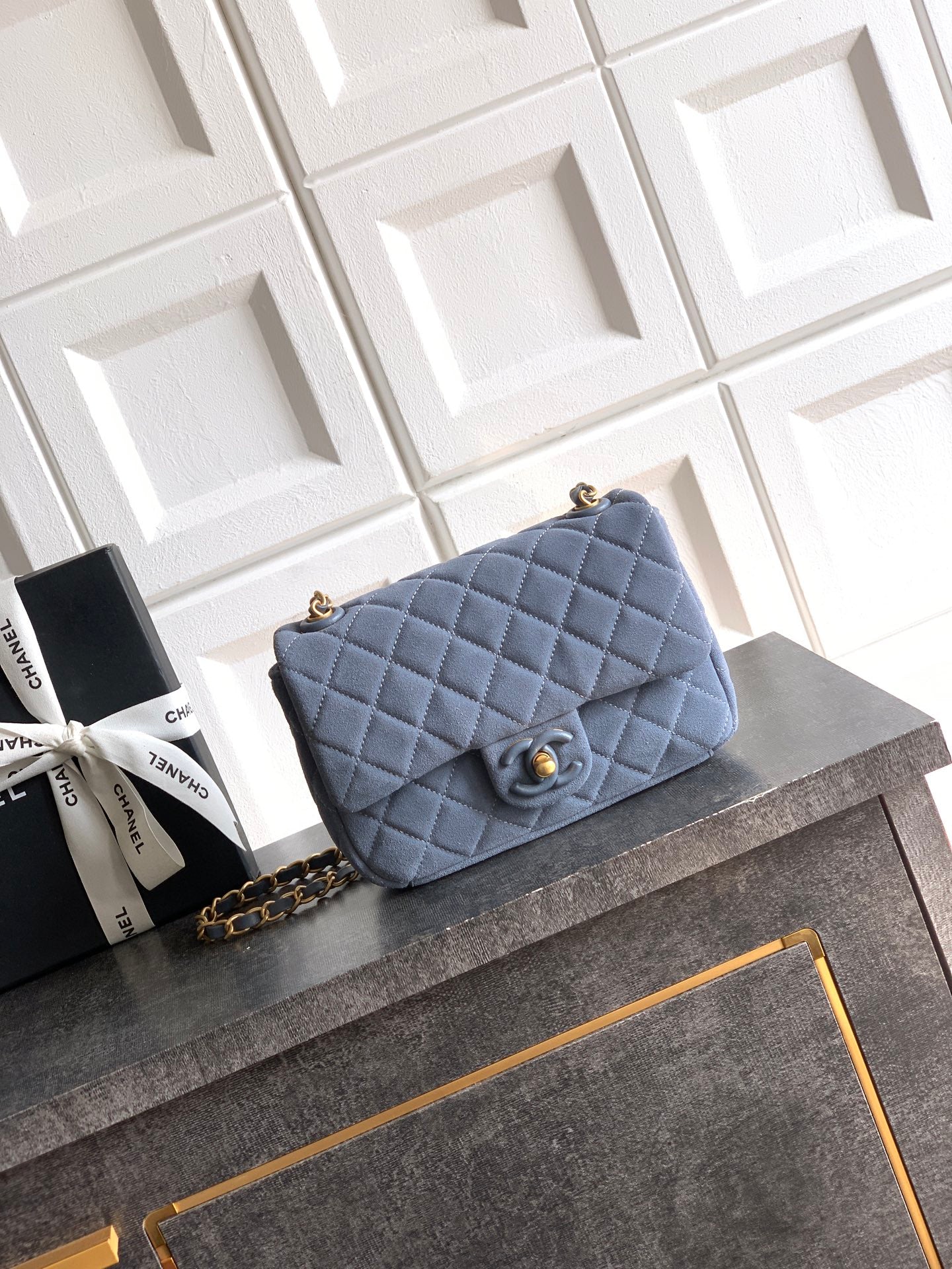 Chanel 26C Classic Flap Bag Haze Blue Suede with Matte Gold Hardware (Small 20cm)