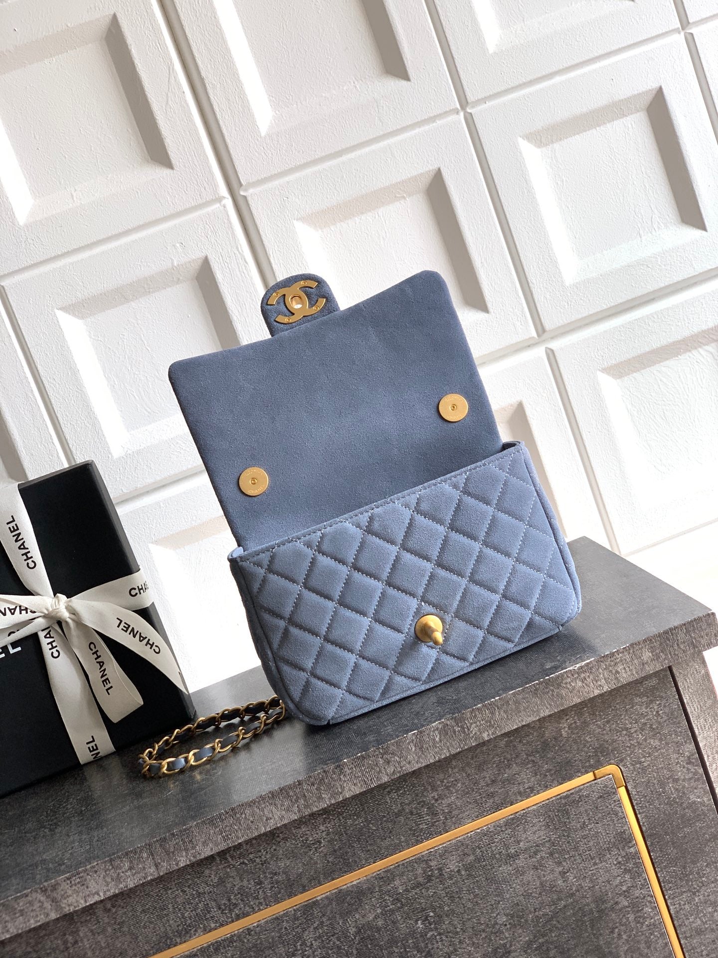 Chanel 26C Classic Flap Bag Haze Blue Suede with Matte Gold Hardware (Small 20cm)