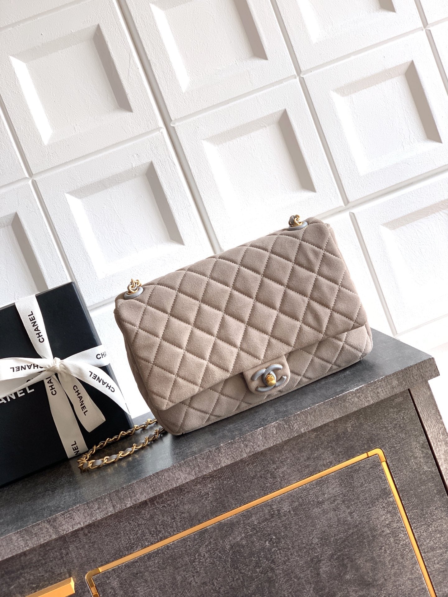 Chanel 26C Classic Flap Bag Gray Suede with Matte Gold Hardware (Large 26cm)