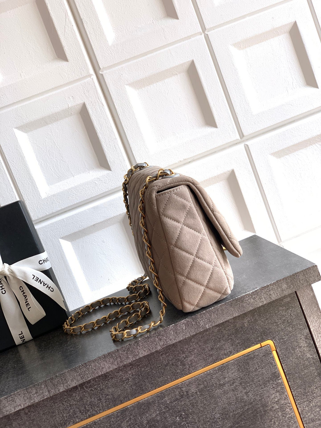 Chanel 26C Classic Flap Bag Gray Suede with Matte Gold Hardware (Large 26cm)