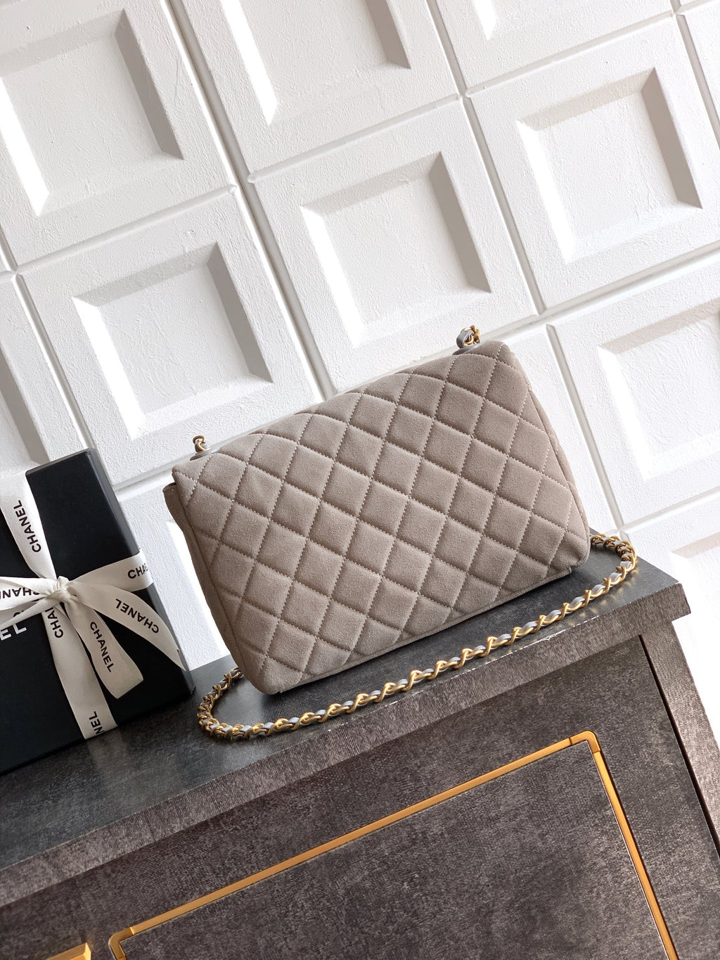 Chanel 26C Classic Flap Bag Gray Suede with Matte Gold Hardware (Large 26cm)
