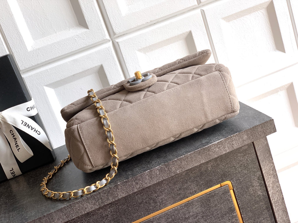 Chanel 26C Classic Flap Bag Gray Suede with Matte Gold Hardware (Large 26cm)