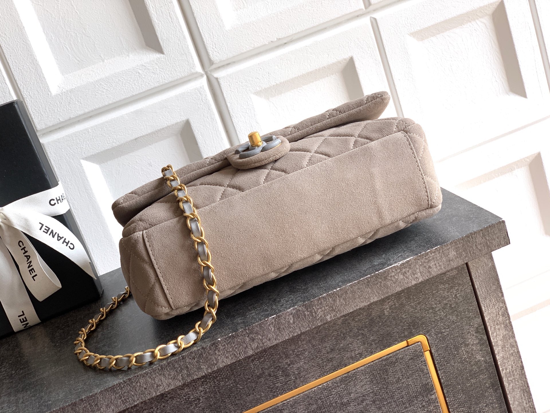 Chanel 26C Classic Flap Bag Gray Suede with Matte Gold Hardware (Large 26cm)