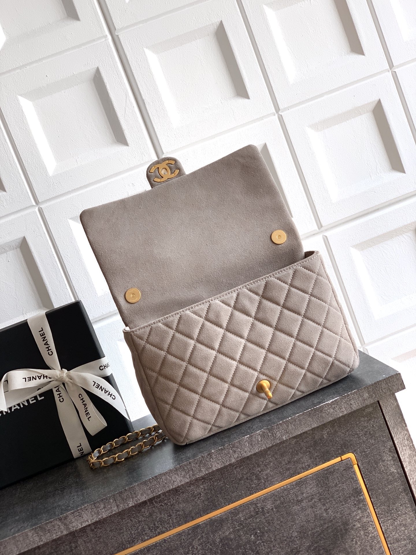 Chanel 26C Classic Flap Bag Gray Suede with Matte Gold Hardware (Large 26cm)