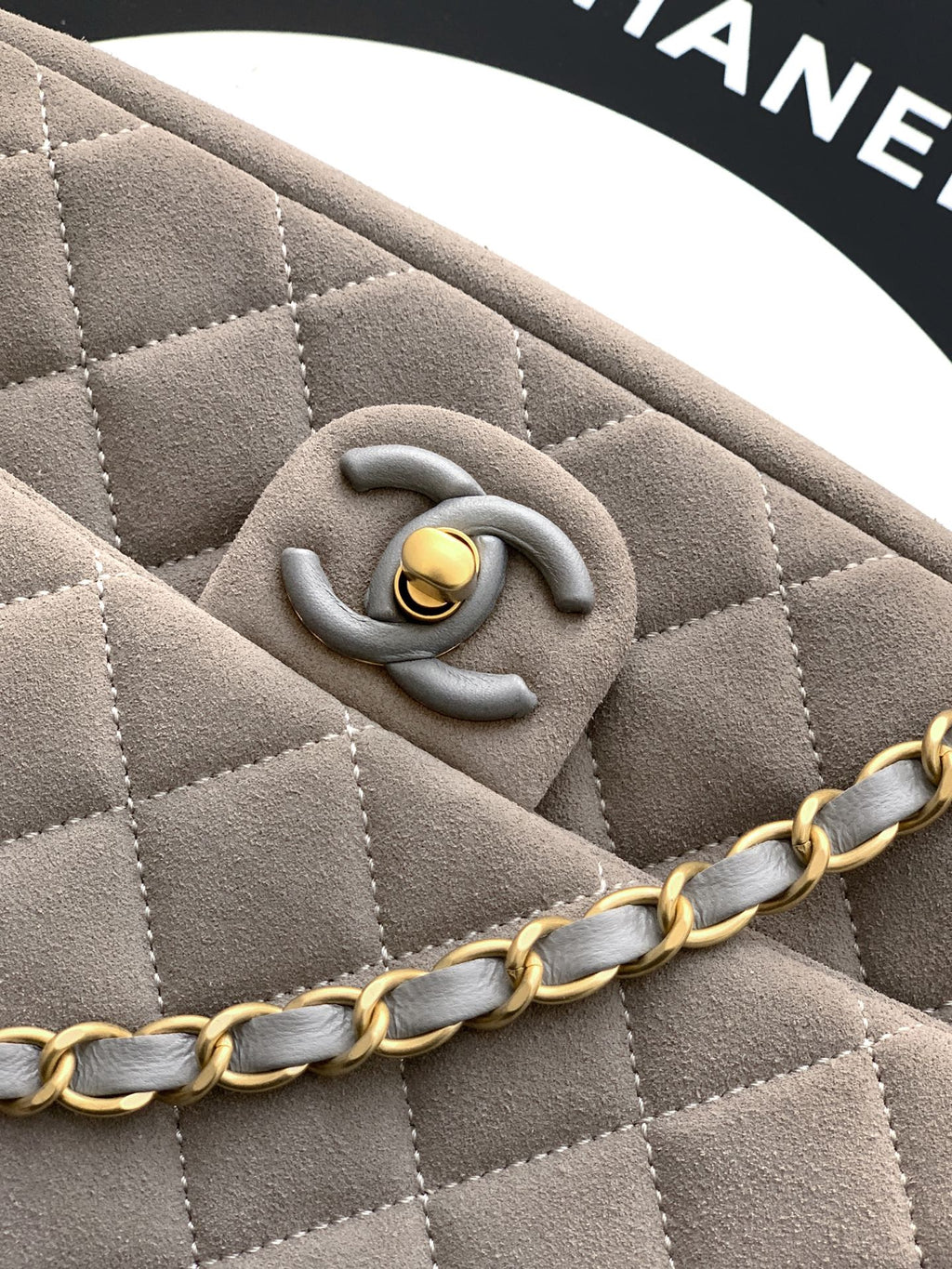 Chanel 26C Classic Flap Bag Gray Suede with Matte Gold Hardware (Large 26cm)