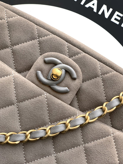 Chanel 26C Classic Flap Bag Gray Suede with Matte Gold Hardware (Large 26cm)