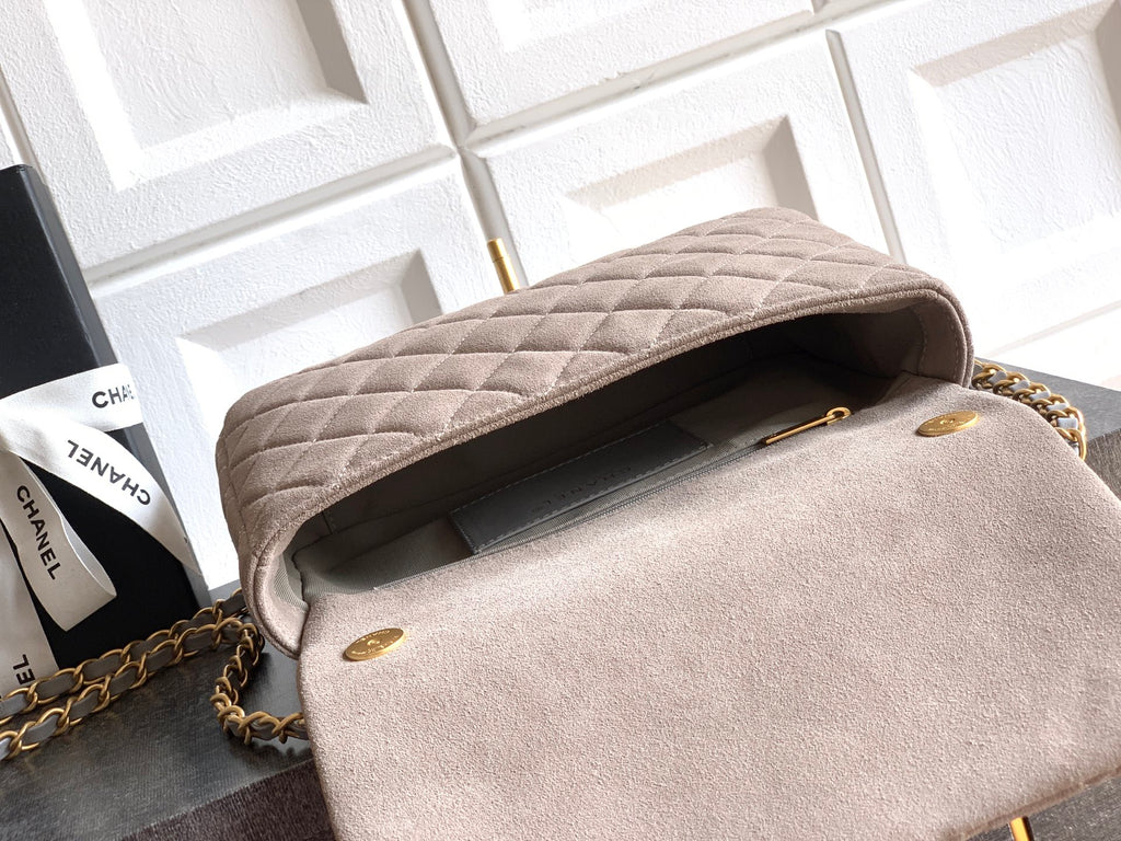 Chanel 26C Classic Flap Bag Gray Suede with Matte Gold Hardware (Large 26cm)
