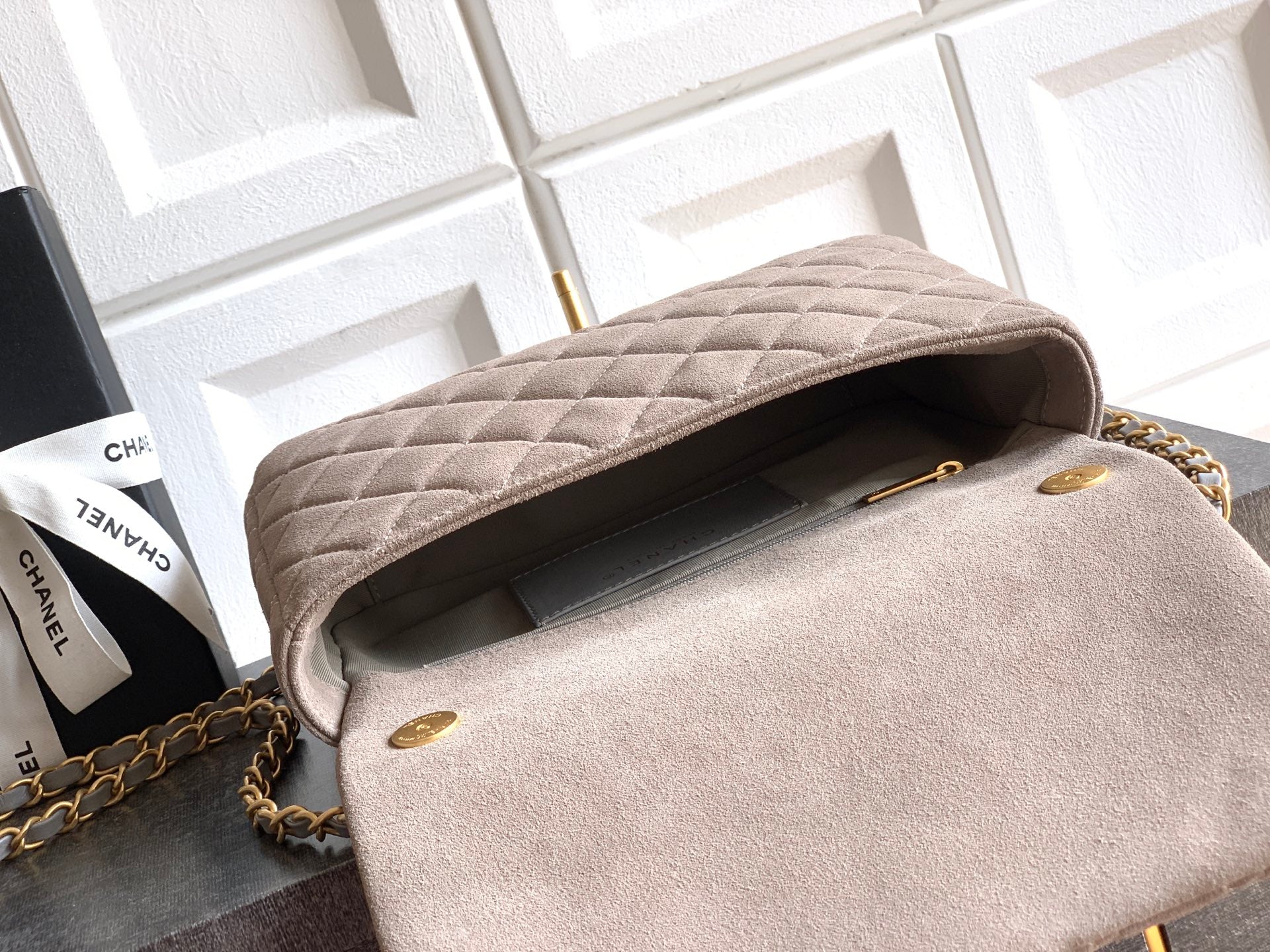 Chanel 26C Classic Flap Bag Gray Suede with Matte Gold Hardware (Large 26cm)
