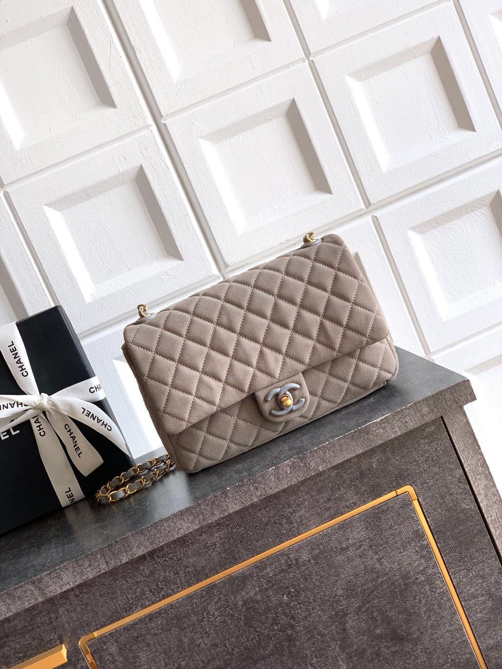 Chanel 26C Classic Flap Bag Gray Suede with Matte Gold Hardware (Medium 24cm)