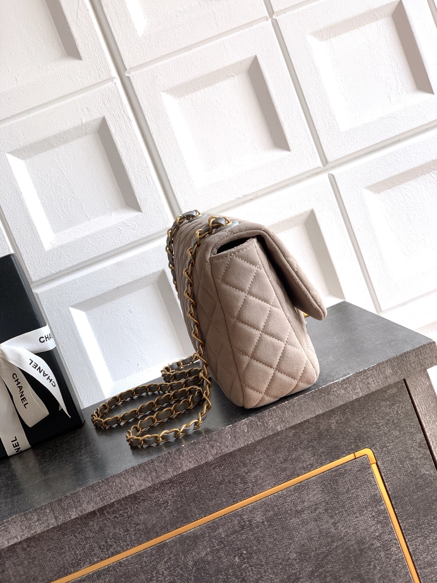 Chanel 26C Classic Flap Bag Gray Suede with Matte Gold Hardware (Medium 24cm)