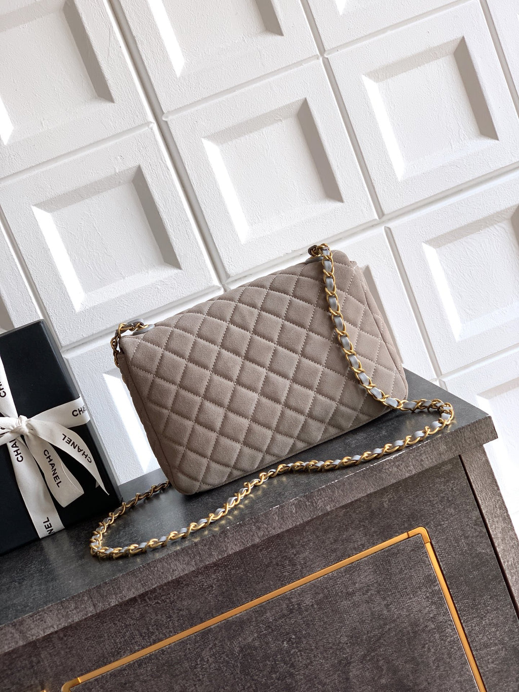 Chanel 26C Classic Flap Bag Gray Suede with Matte Gold Hardware (Medium 24cm)