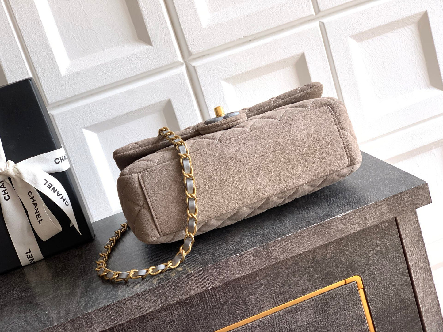 Chanel 26C Classic Flap Bag Gray Suede with Matte Gold Hardware (Medium 24cm)