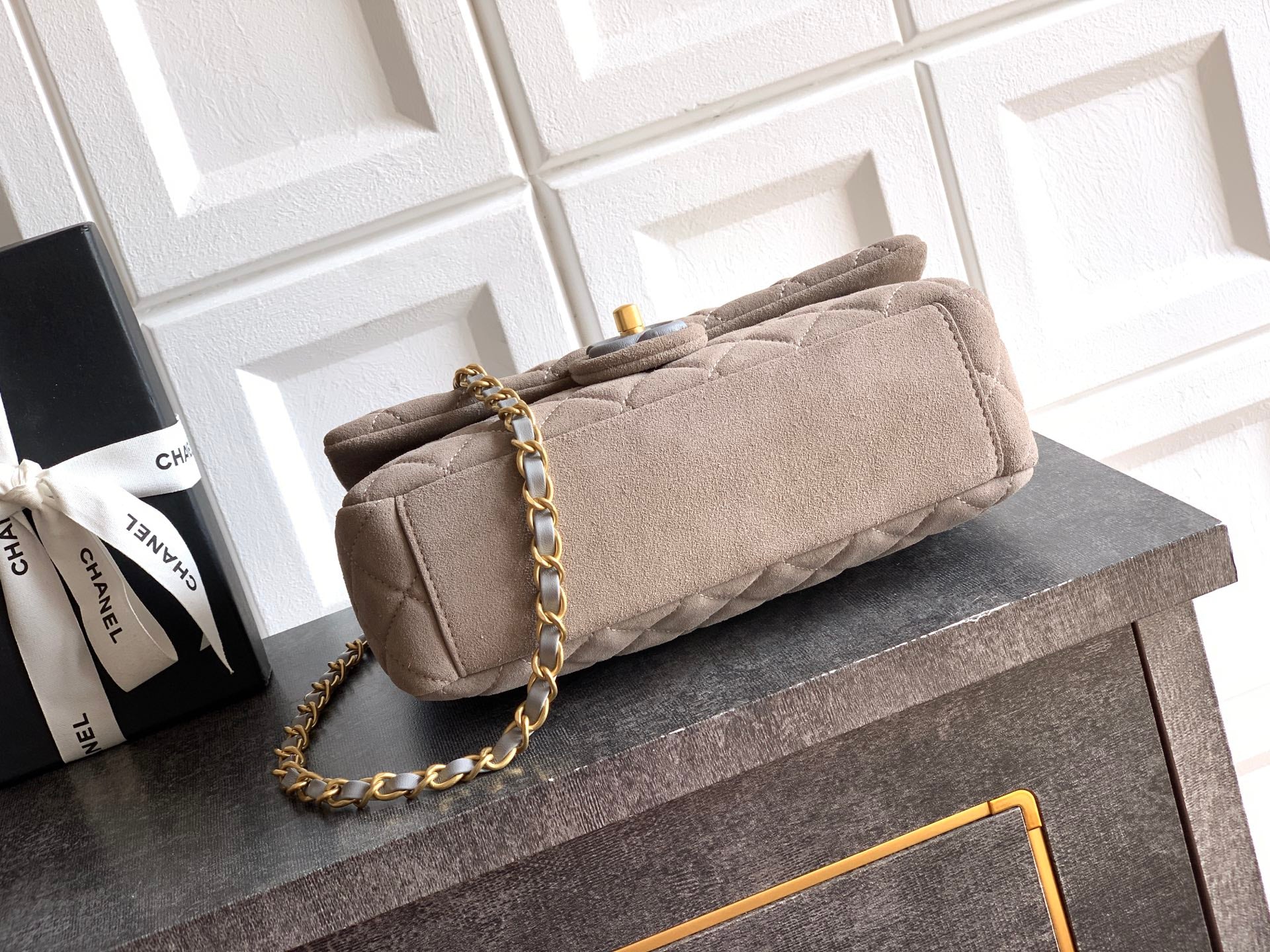 Chanel 26C Classic Flap Bag Gray Suede with Matte Gold Hardware (Medium 24cm)