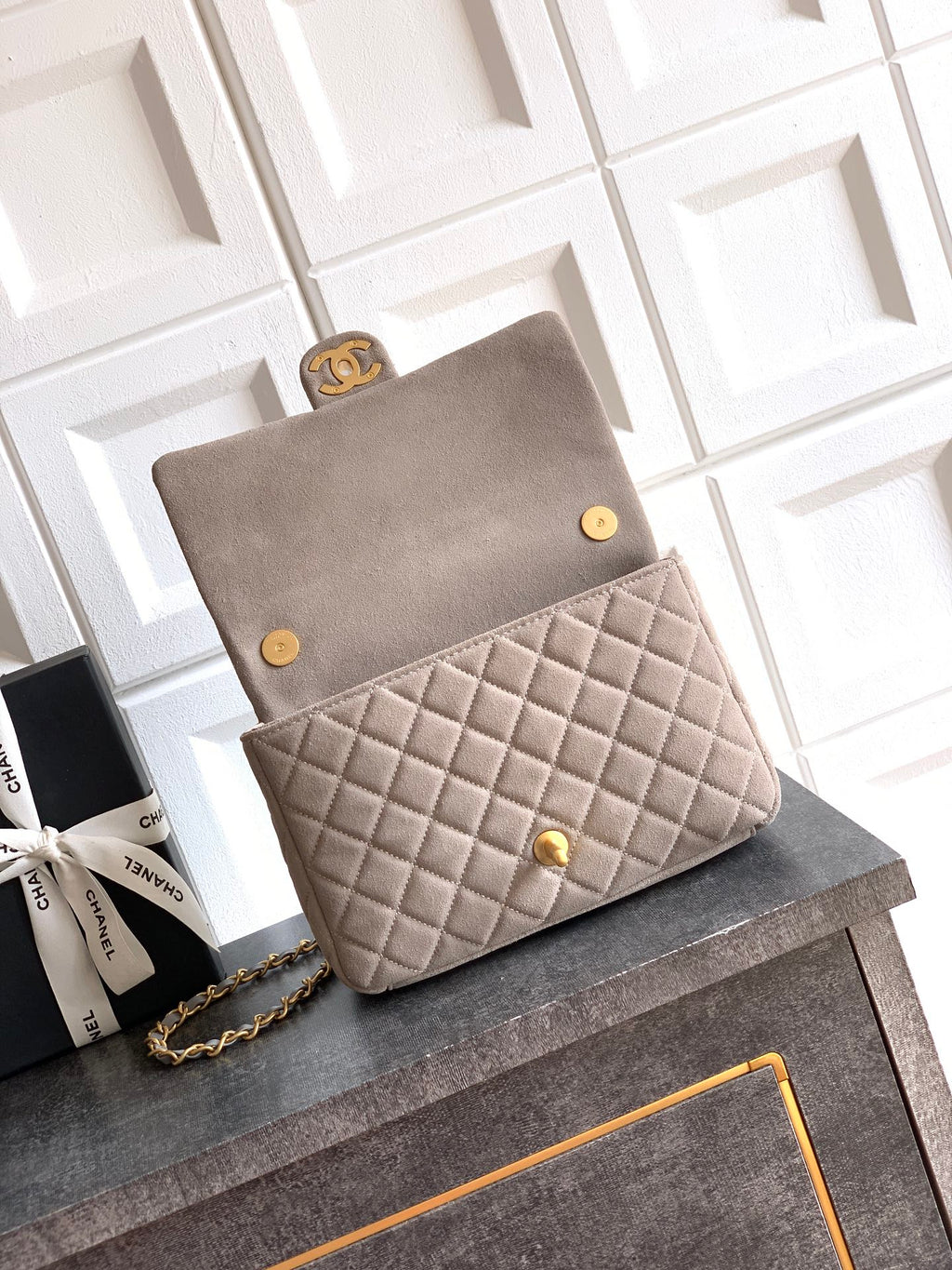 Chanel 26C Classic Flap Bag Gray Suede with Matte Gold Hardware (Medium 24cm)