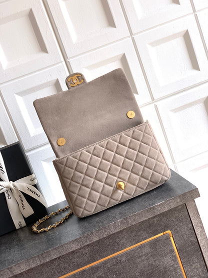 Chanel 26C Classic Flap Bag Gray Suede with Matte Gold Hardware (Medium 24cm)