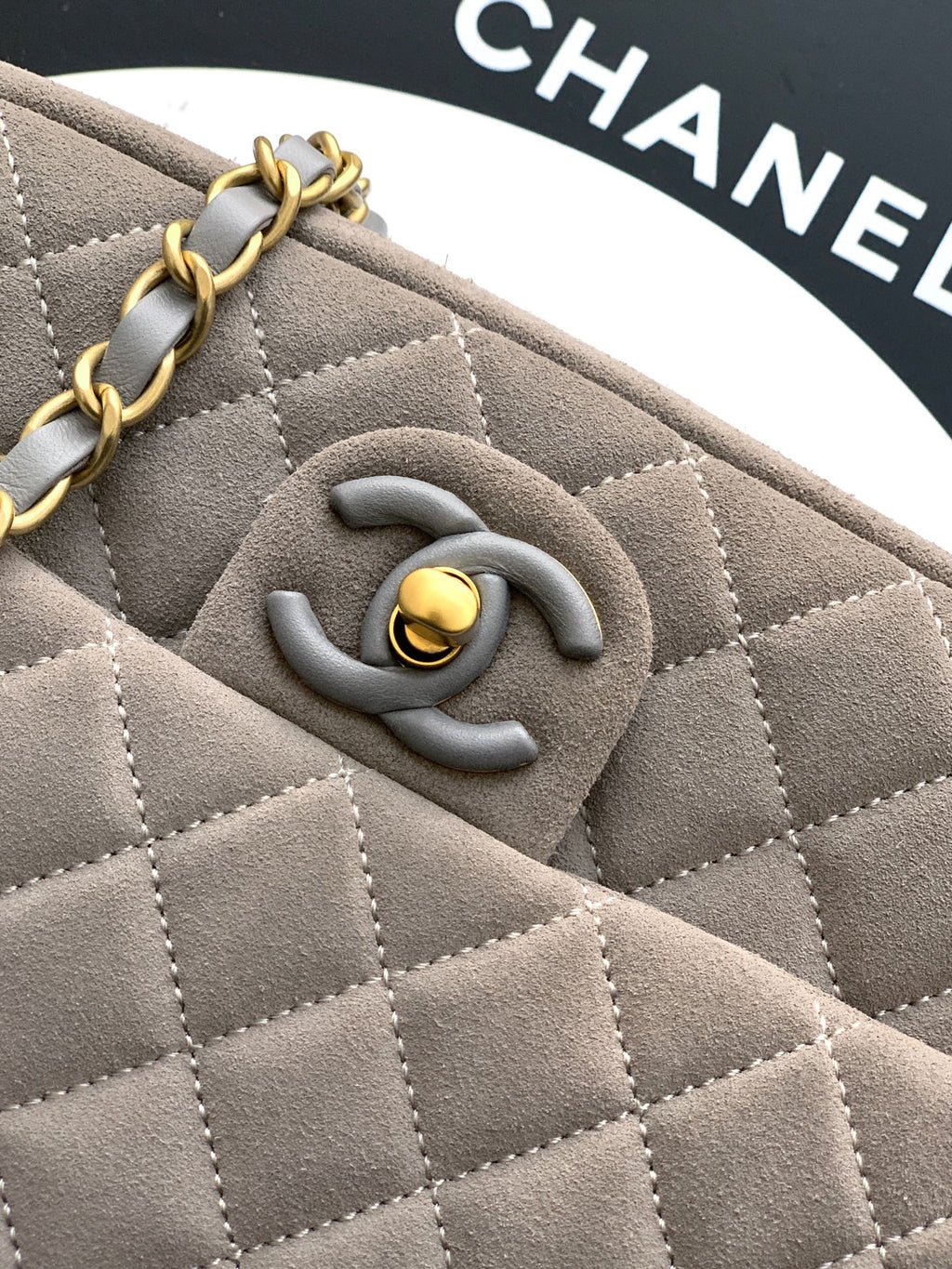 Chanel 26C Classic Flap Bag Gray Suede with Matte Gold Hardware (Medium 24cm)