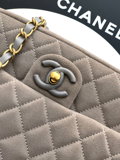 Chanel 26C Classic Flap Bag Gray Suede with Matte Gold Hardware (Medium 24cm)