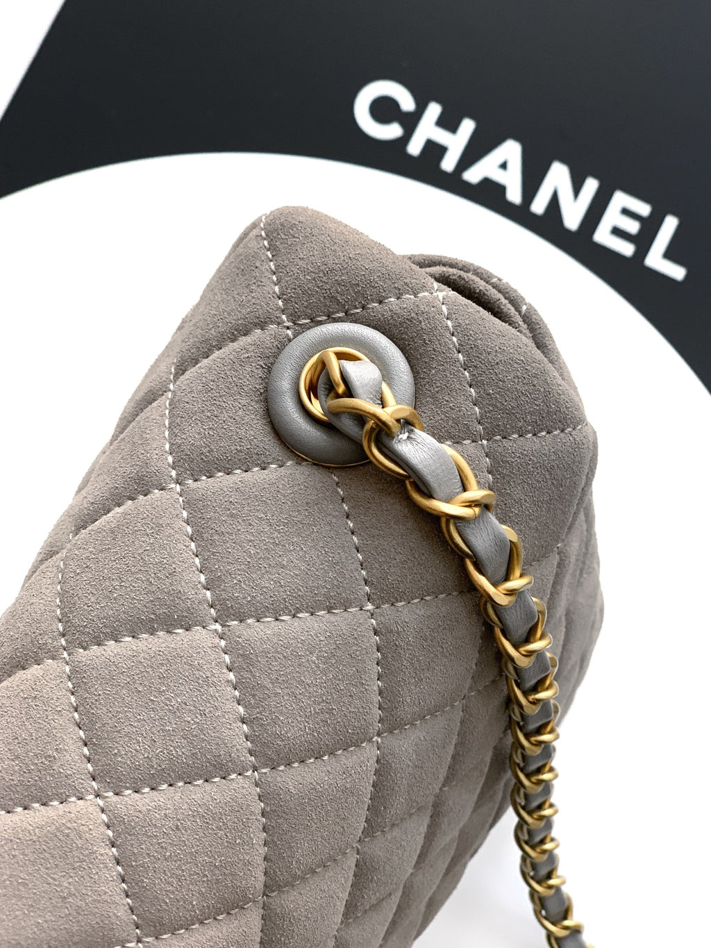 Chanel 26C Classic Flap Bag Gray Suede with Matte Gold Hardware (Medium 24cm)
