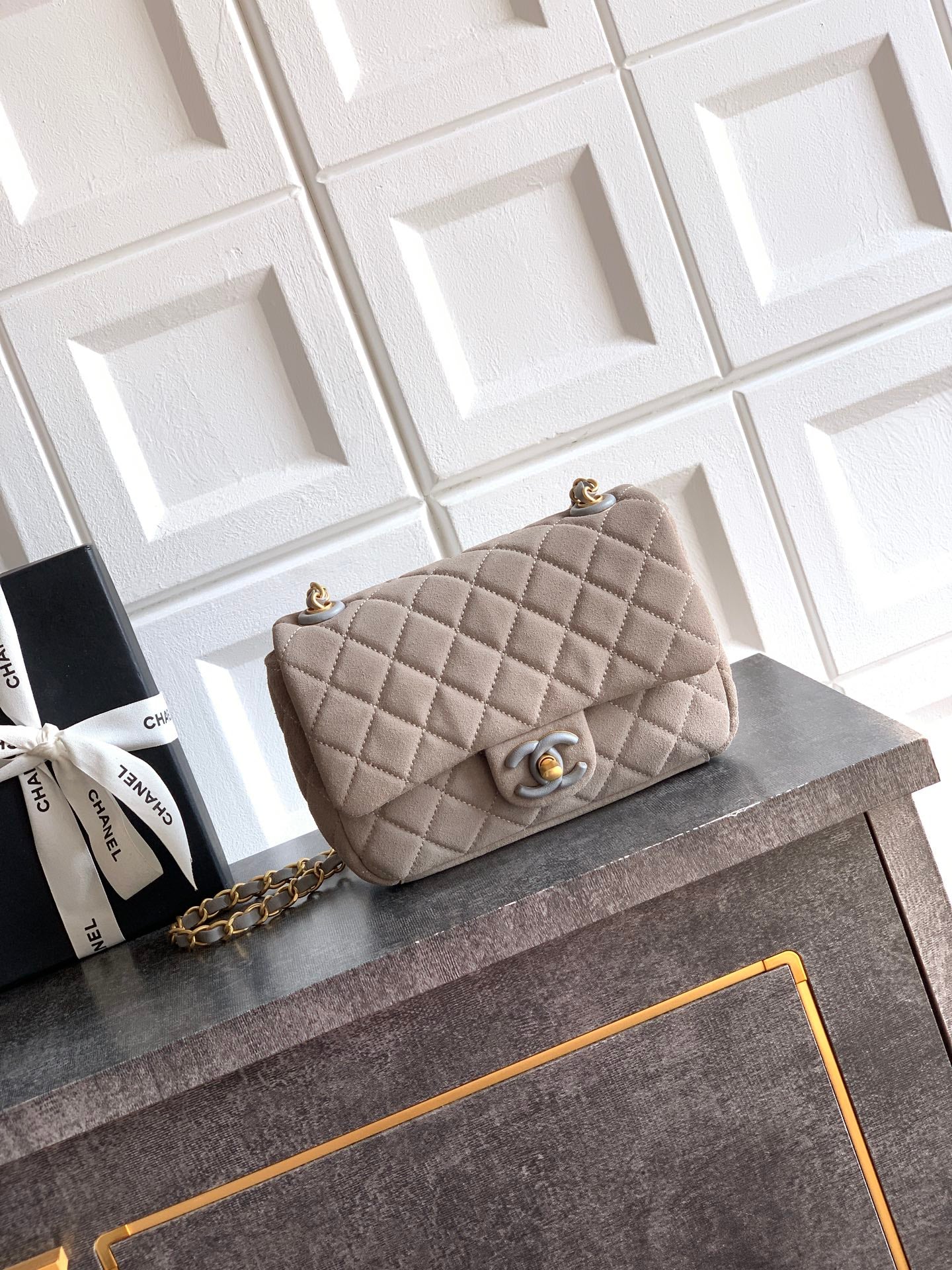 Chanel 26C Classic Flap Bag Gray Suede with Matte Gold Hardware (Small 20cm)