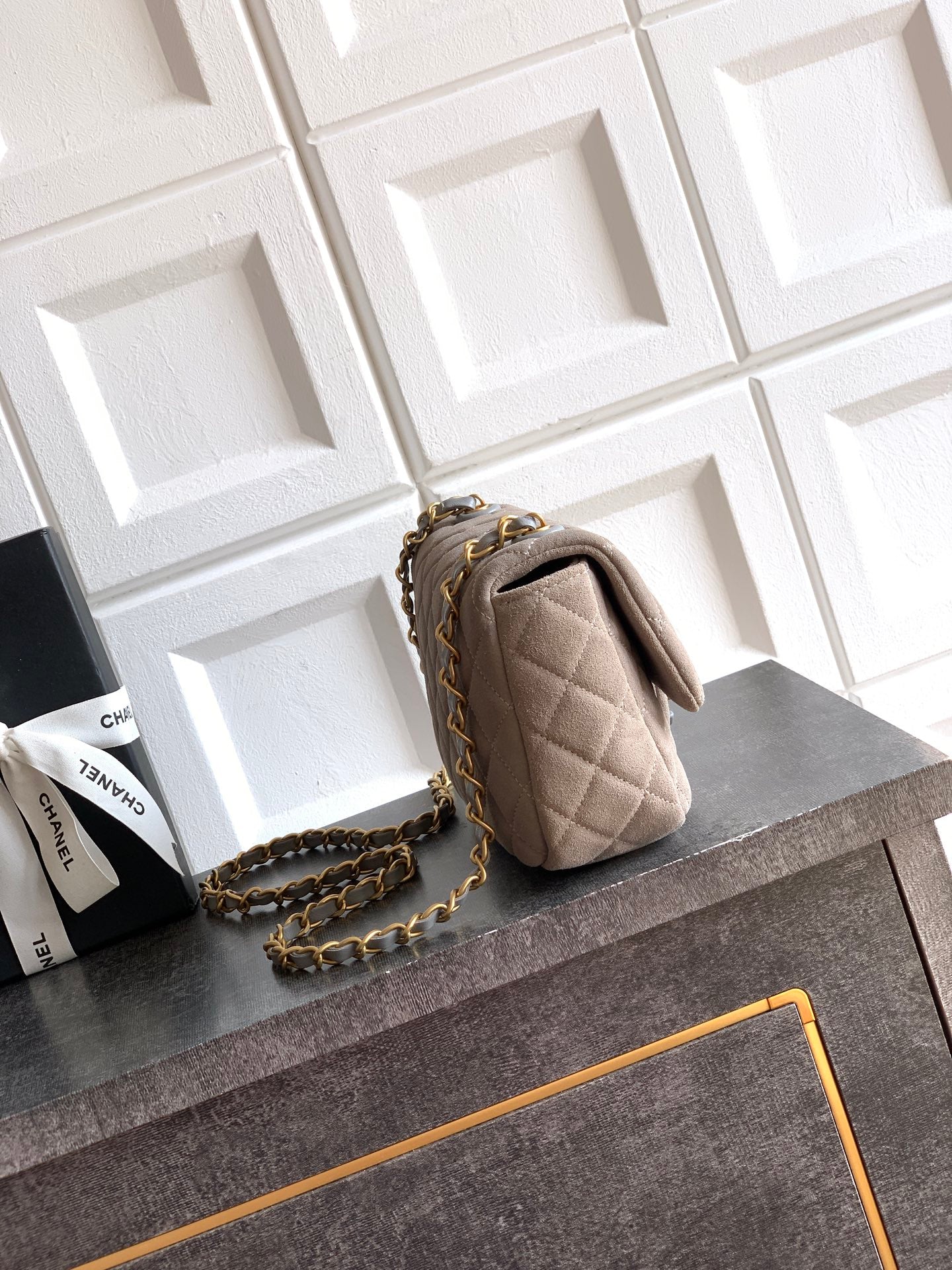 Chanel 26C Classic Flap Bag Gray Suede with Matte Gold Hardware (Small 20cm)