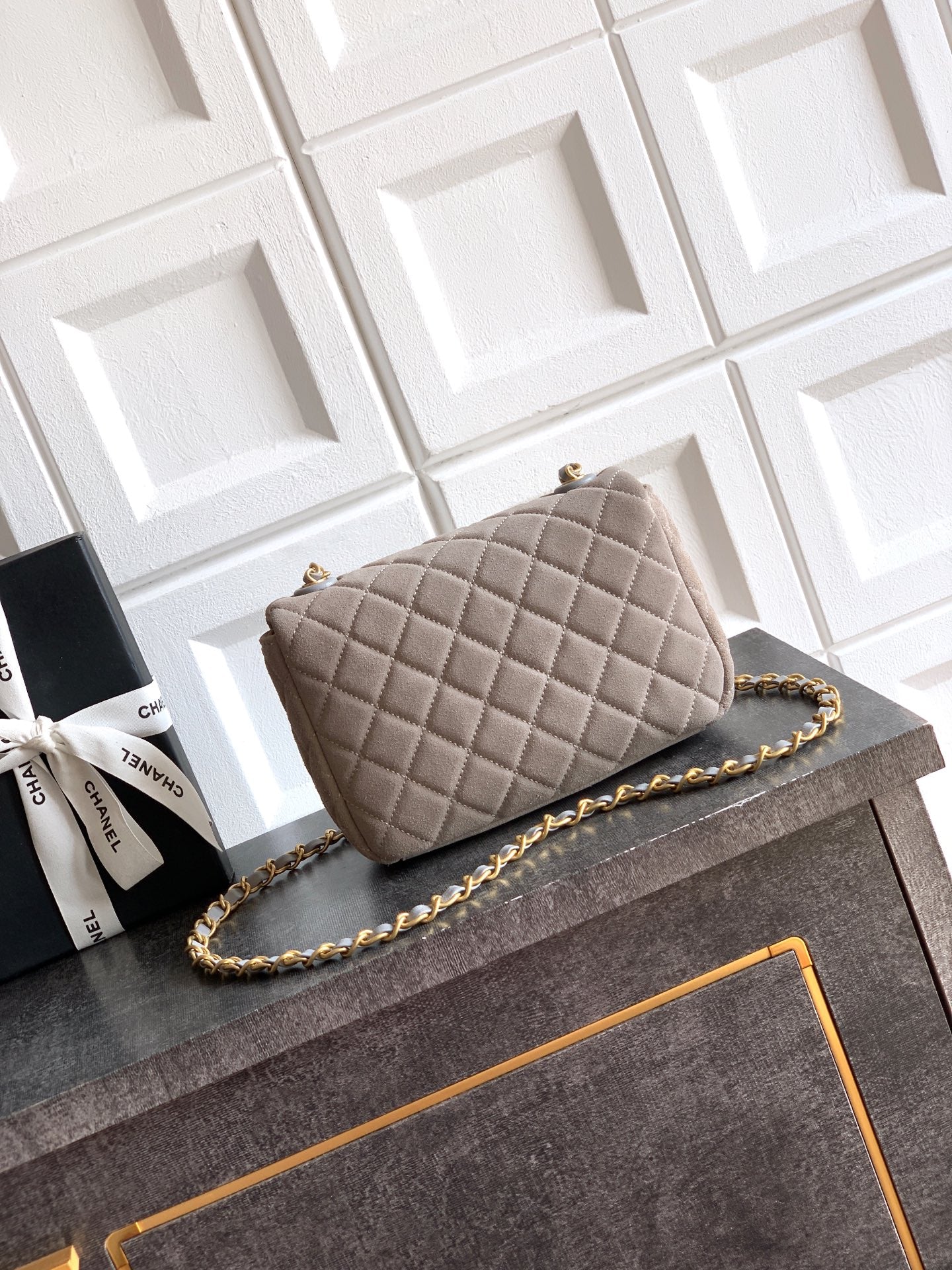 Chanel 26C Classic Flap Bag Gray Suede with Matte Gold Hardware (Small 20cm)